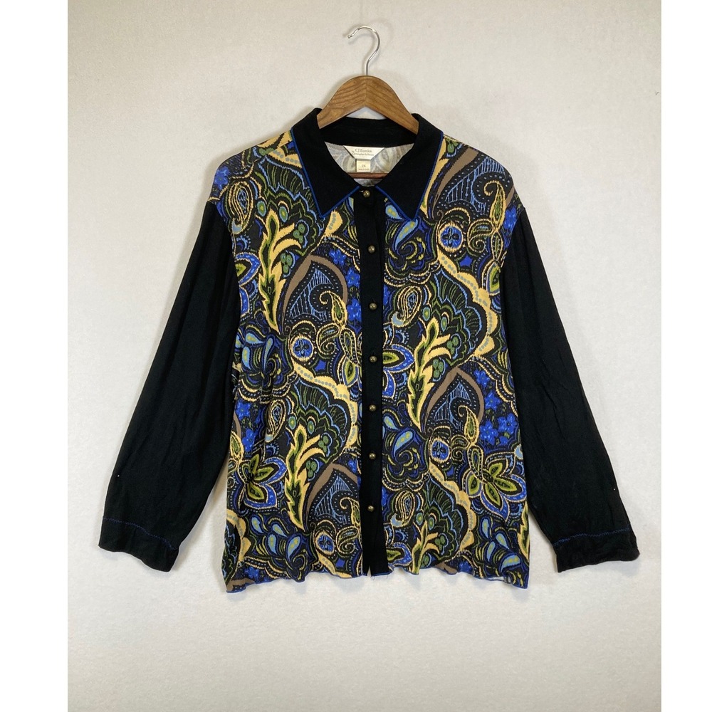 Boho Art to Wear CJ Banks Women 2X Black Blue Paisley Button Front Knit Top